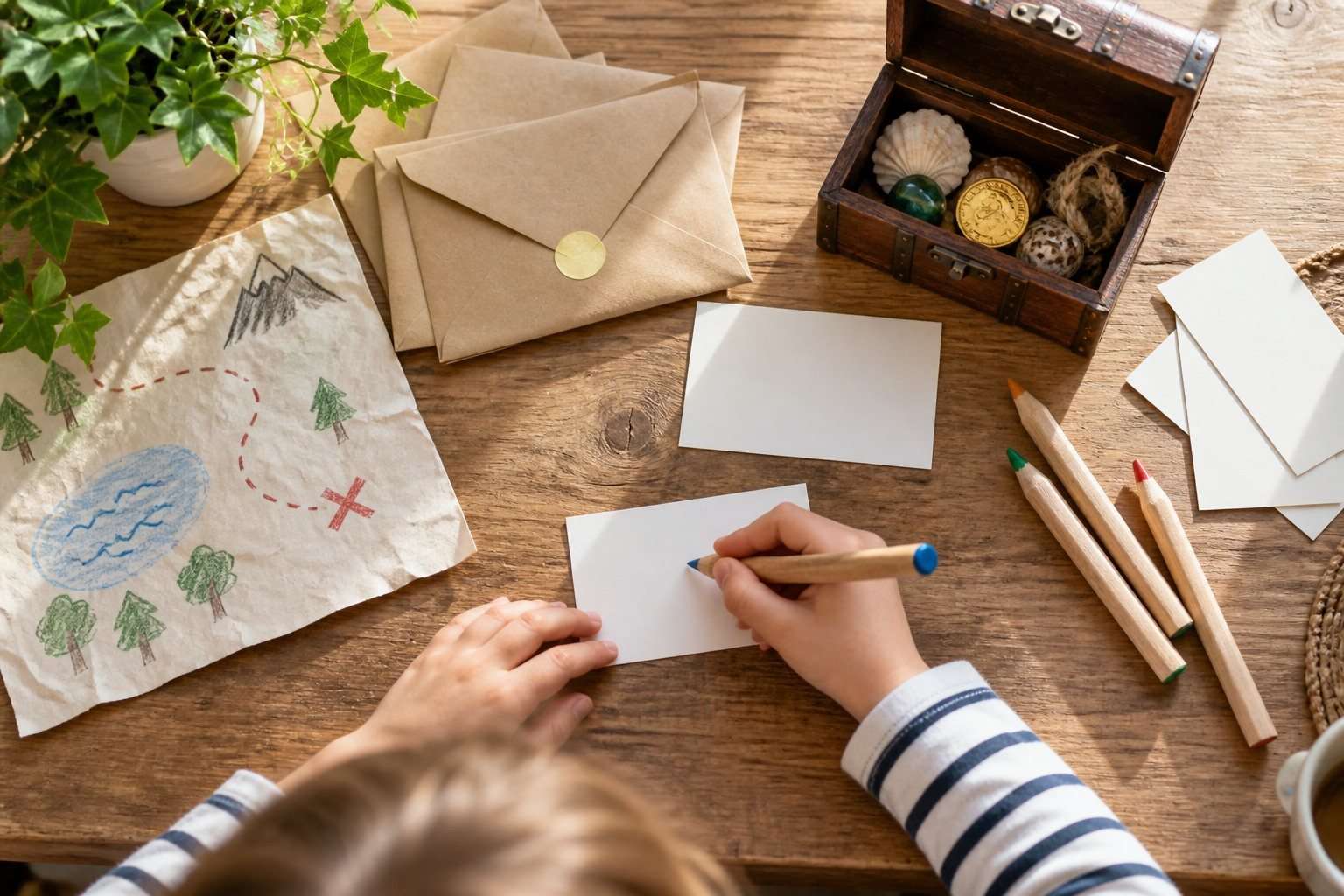 Un niño escribe una tarjeta para un juego de pistas con sobres y un pequeño cofre.