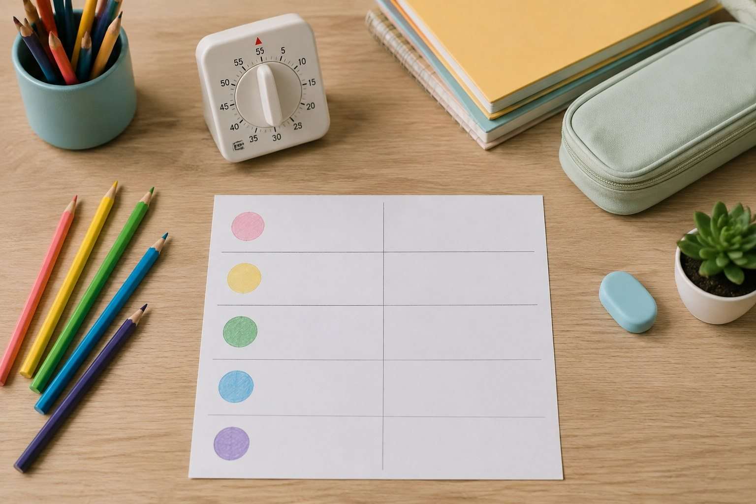 Temporizador y materiales preparados para una sesión infantil de estudio